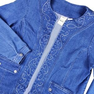 BLAIR Rhinestone Embellished Denim Jacket Open Front Layering Blue Size Large